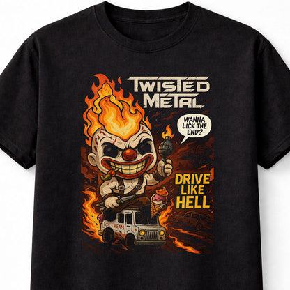 Twisted Metal Sweet Tooth T-Shirt – Drive Like Hell Flaming Clown Graphic Tee – Retro Gaming Unisex Black Shirt