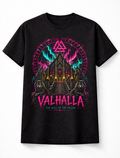 Valhalla Viking Hall Norse Mythology Wolves Ragnarok Unisex T-Shirt