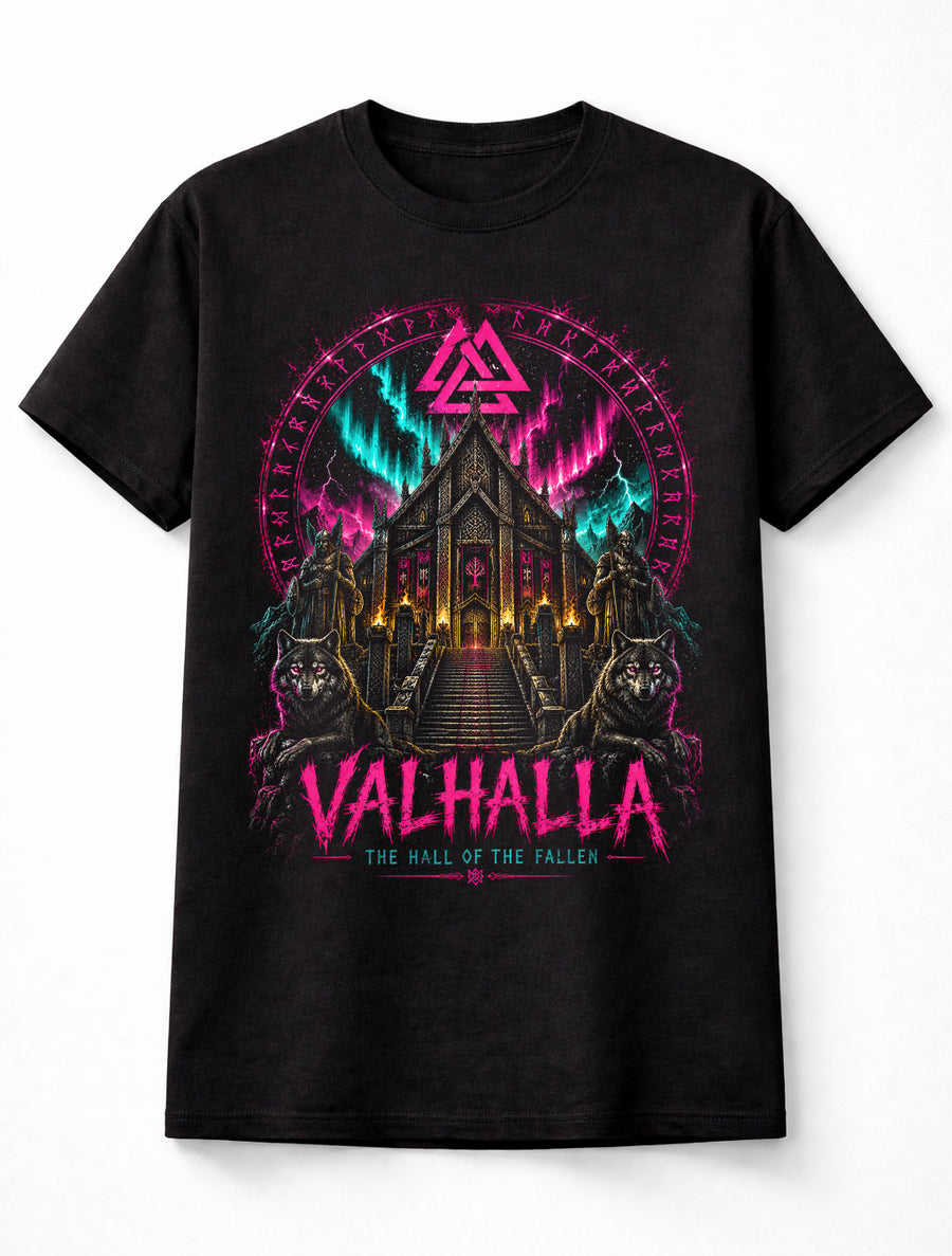 Valhalla Viking Hall Norse Mythology Wolves Ragnarok Unisex T-Shirt