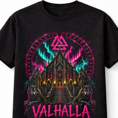 Valhalla Viking Hall Norse Mythology Wolves Ragnarok Unisex T-Shirt