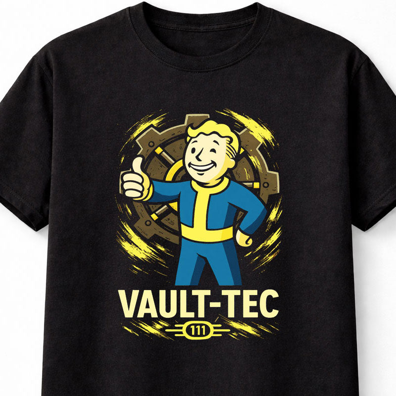 Vault Boy Fallout T-Shirt Vault-Tec 111 Gaming Unisex Black Graphic Tee