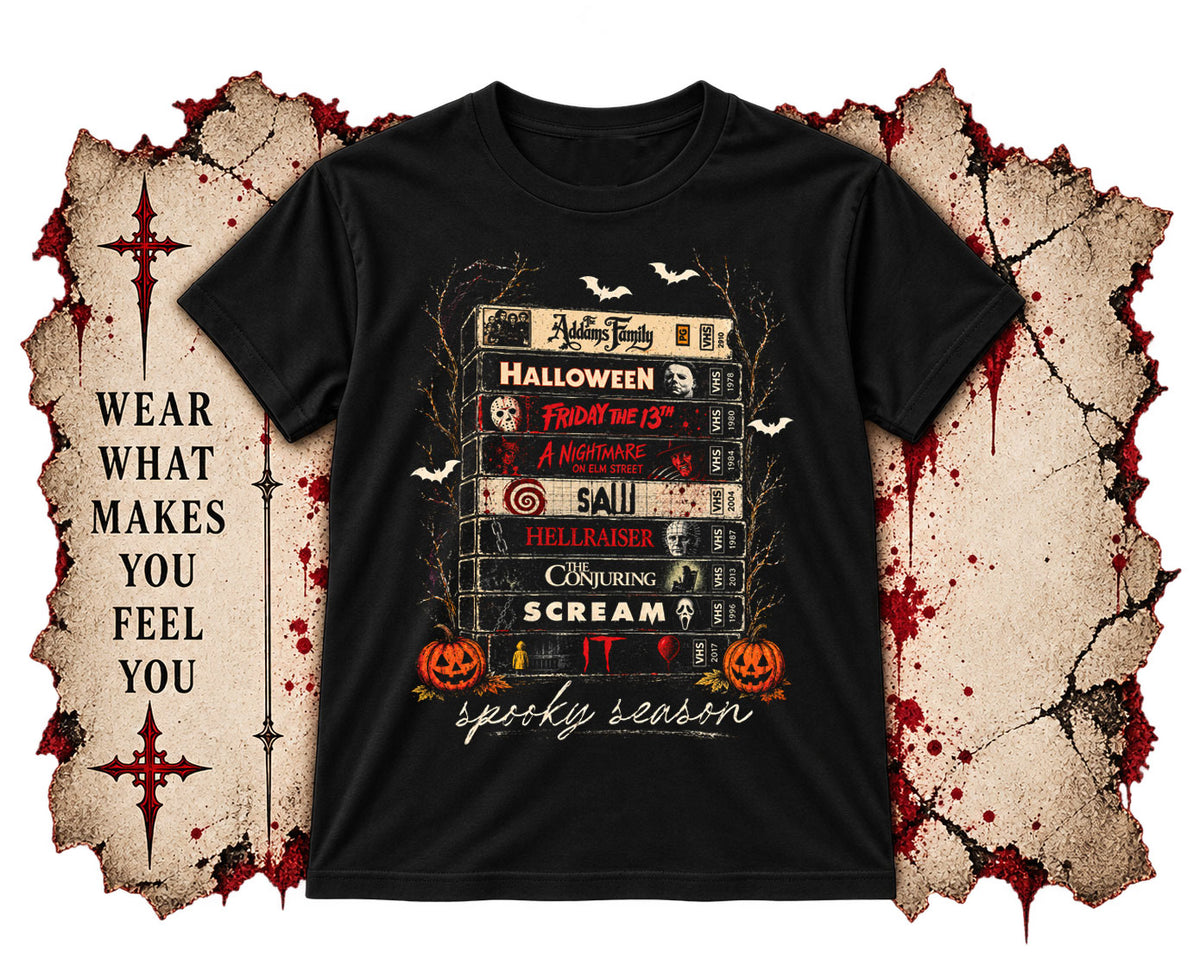 Spooky Season Horror Movie VHS Tapes Retro Halloween Film Unisex T-Shirt