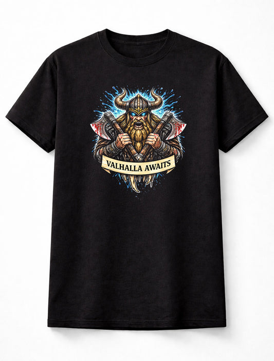 Viking T Shirt Warrior Valhalla Awaits Norse Axe Tattoo Tee Unisex Black