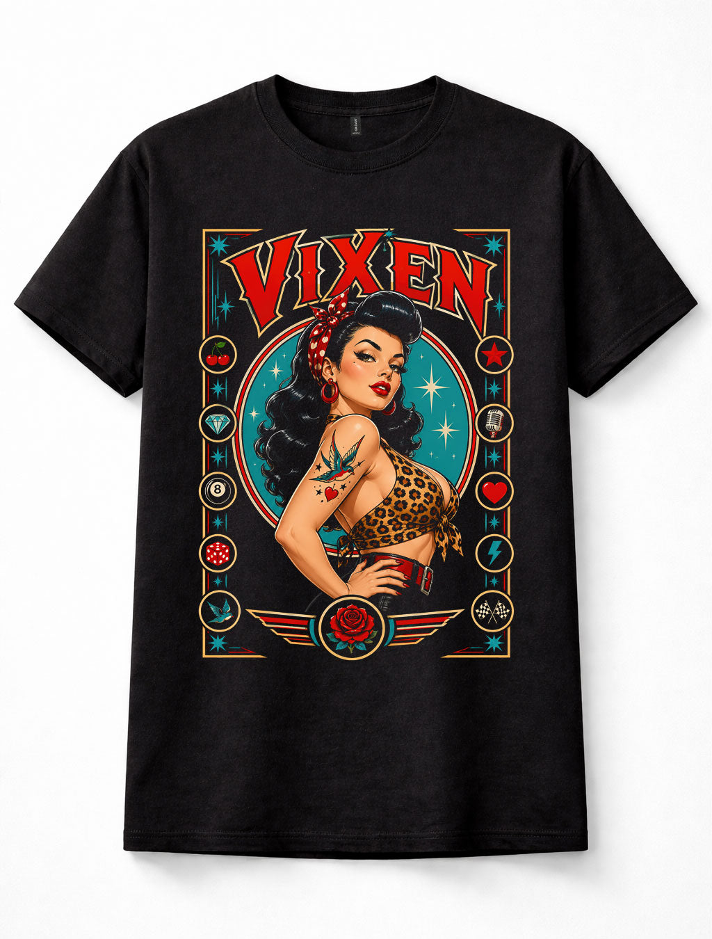 Vixen Pin Up Girl Rockabilly Tattoo Leopard Print Unisex T-Shirt