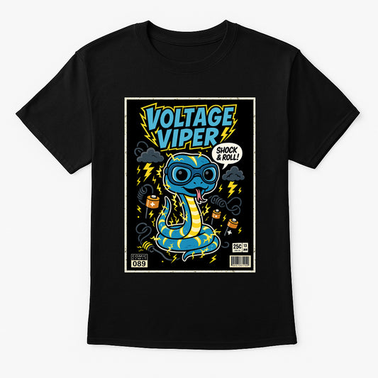 Voltage Viper Unisex T-Shirt Electric Funny "Shock and Roll" Comic Snake Tee