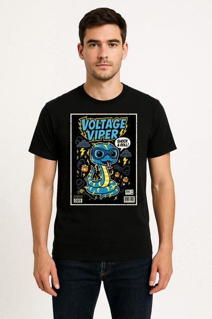 Voltage Viper Unisex T-Shirt Electric Funny "Shock and Roll" Comic Snake Tee