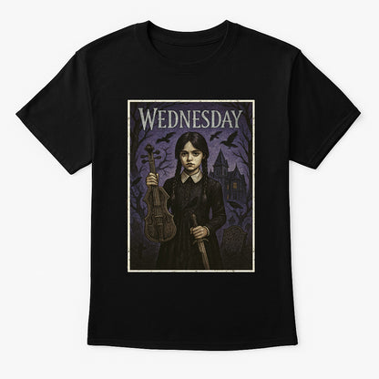 Wednesday Addams Gothic Violin T-Shirt – Dark Academia Inspired Addams Family Graphic Tee