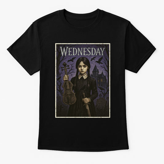 Wednesday Addams Gothic Violin T-Shirt – Dark Academia Inspired Addams Family Graphic Tee