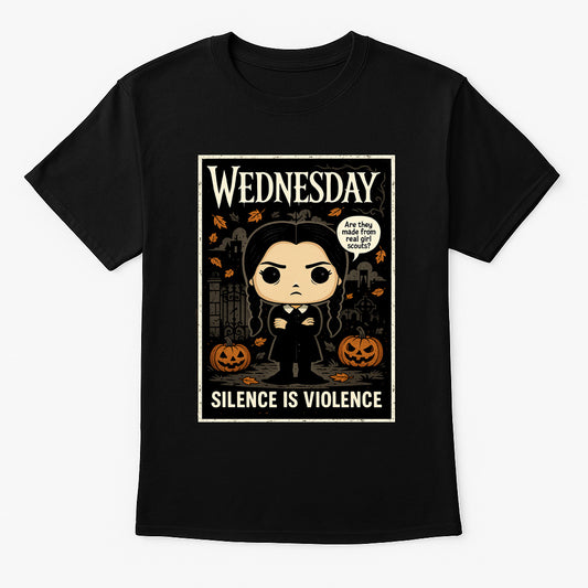 Wednesday Addams “Silence Is Violence” Graphic Gothic Halloween T-Shirt for Addams Family Fans