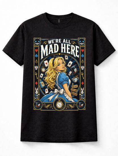 Alice in Wonderland We're All Mad Here Cheshire Cat Black Unisex T-Shirt