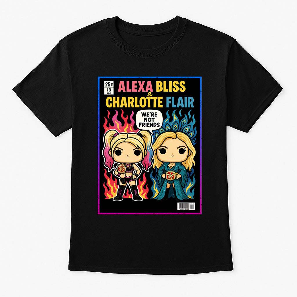 We're Not Friends Alexa Bliss & Charlotte Flair T-Shirt Rival Queens WWE Pop Art Unisex Black Graphic Tee