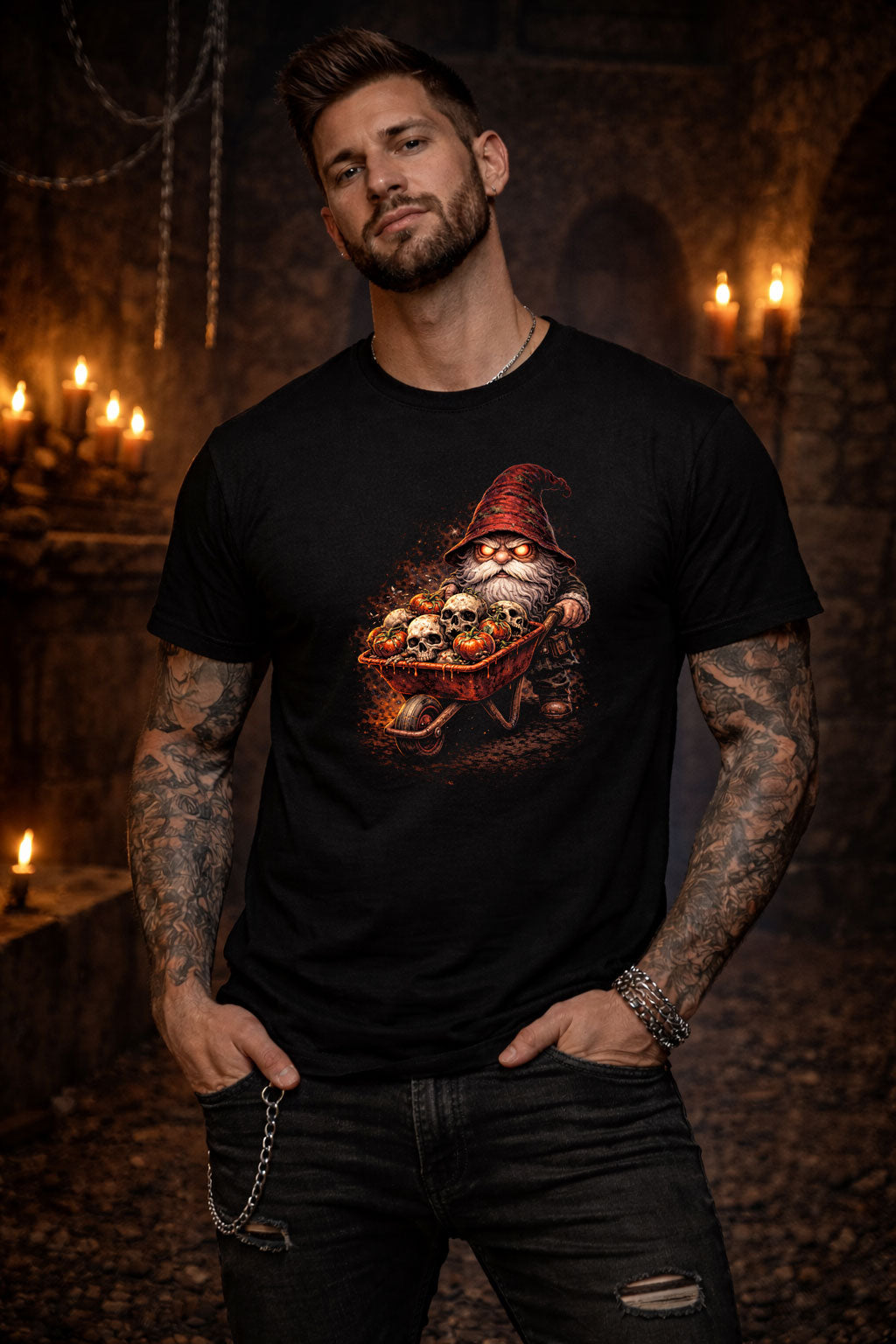 Wheelbarrow Gnome Unisex Graphic Funny Skeleton Skull T-Shirt Dark Rotten Tee