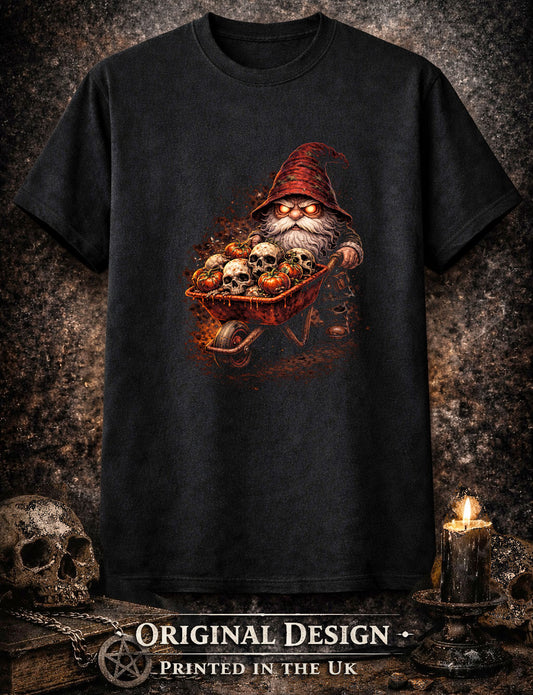 Wheelbarrow Gnome Unisex Graphic Funny Skeleton Skull T-Shirt Dark Rotten Tee