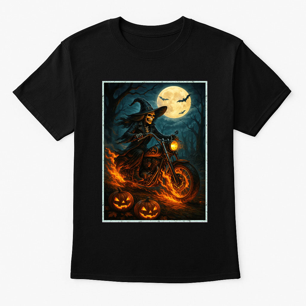 Witch Biker Skeleton Halloween Gothic Horror Alternative Unisex T-Shirt