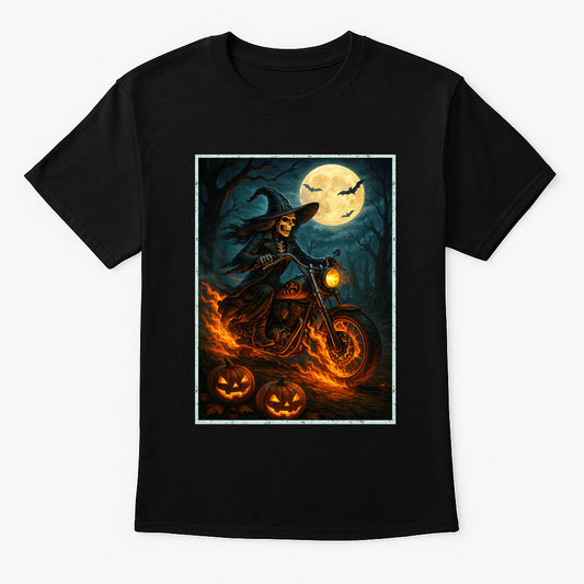 Witch Biker Skeleton Halloween Gothic Horror Alternative Unisex T-Shirt