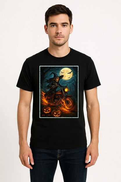 Witch Biker Skeleton Halloween Gothic Horror Alternative Unisex T-Shirt