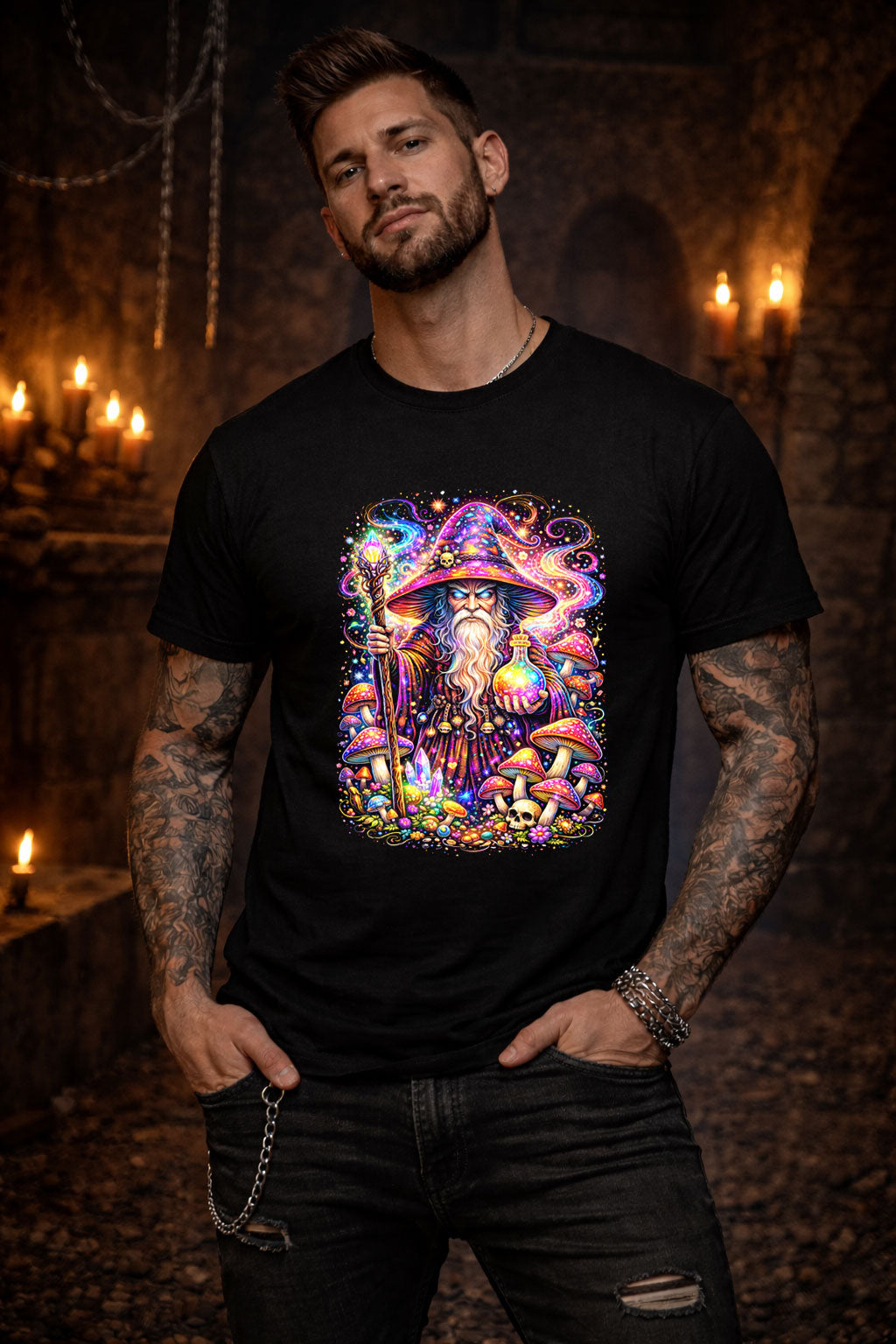 Mystic Wizard Mushroom Art Psychedelic Trippy Gothic Unisex T-Shirt