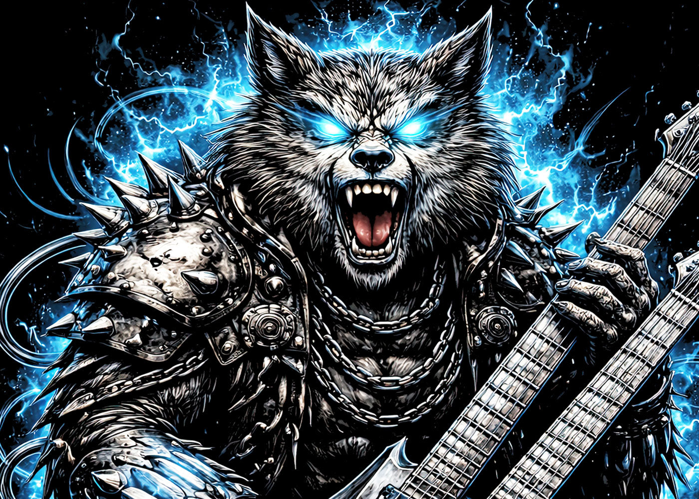 Wolf Heavy Metal Rocker Unisex Graphic T-Shirt Gothic Guitar Music Art Tee