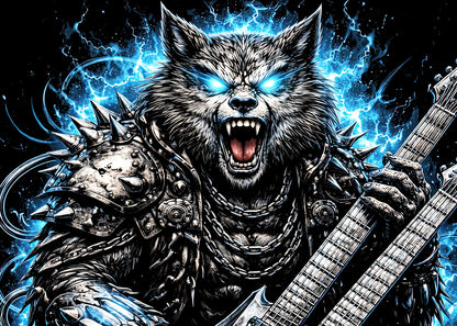 Wolf Heavy Metal Rocker Unisex Graphic T-Shirt Gothic Guitar Music Art Tee