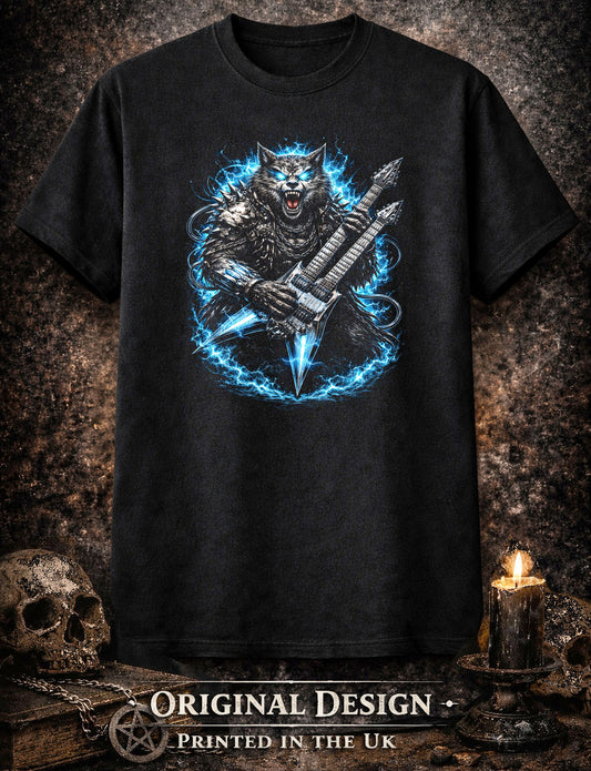 Wolf Heavy Metal Rocker Unisex Graphic T-Shirt Gothic Guitar Music Art Tee