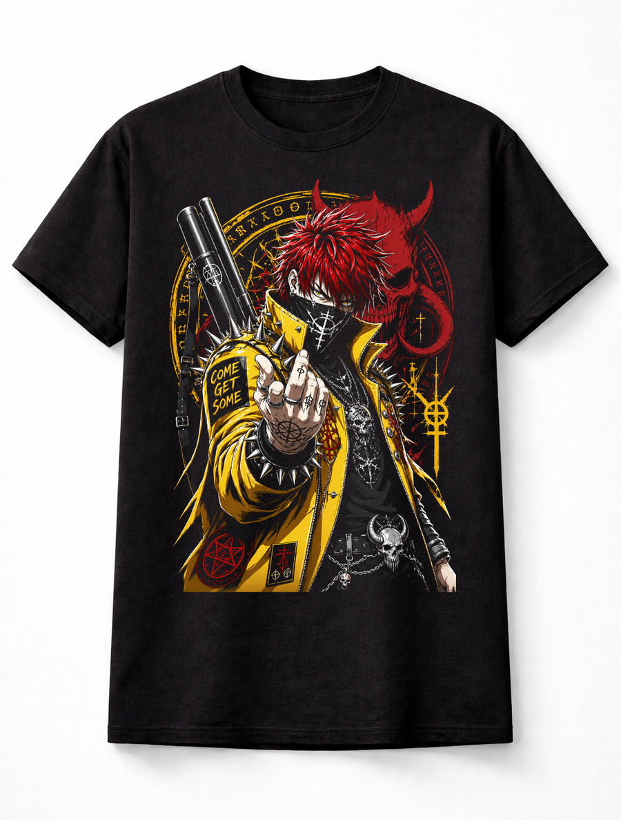 Anime Demon Punk Warrior Come Get Some Shotgun Red Hair Manga Unisex T-Shirt