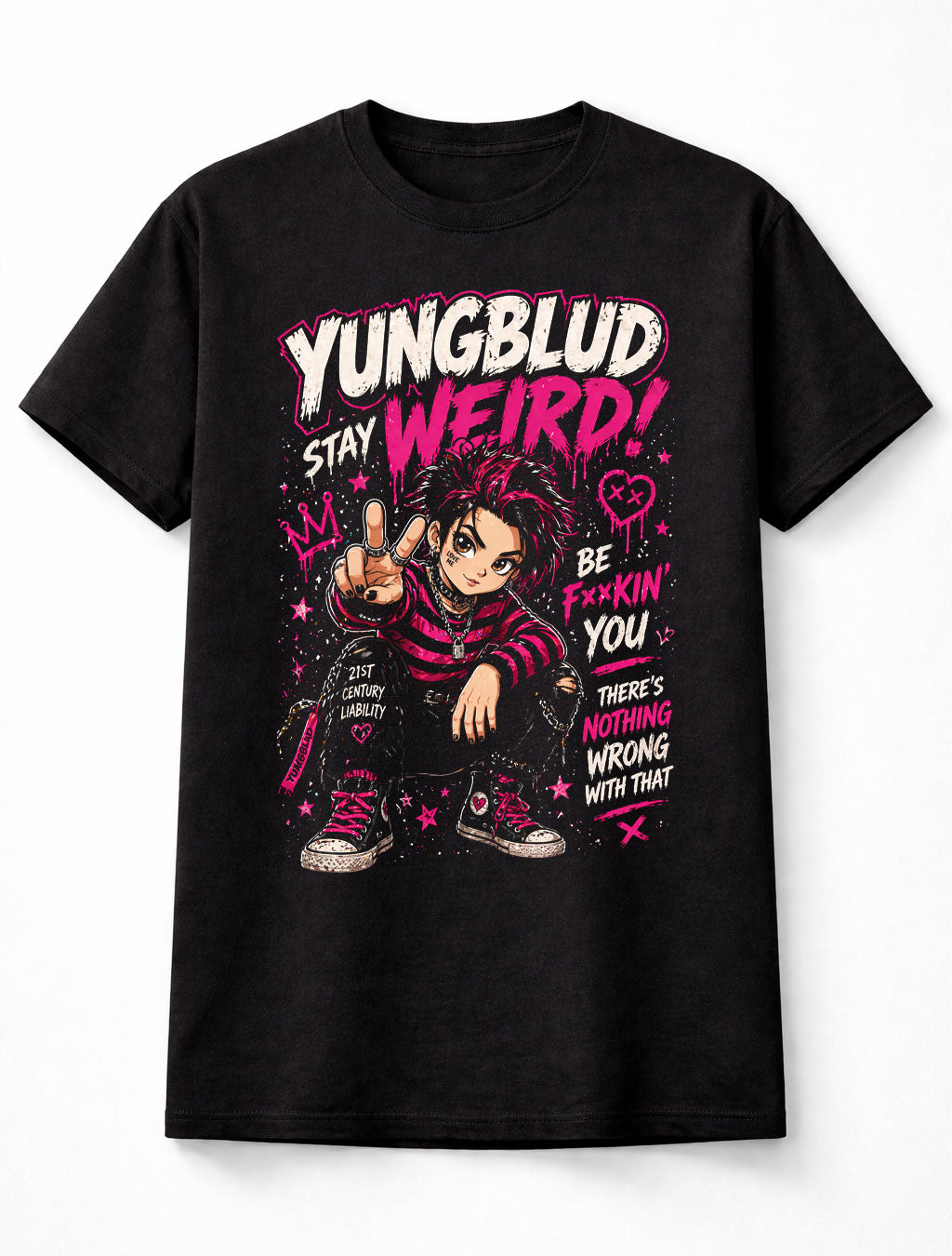 YUNGBLUD Stay Weird Graphic T-Shirt Punk Rock Alt Music Tee Pink Black Be Fxxkin You Adults & Kids Unisex T-Shirt